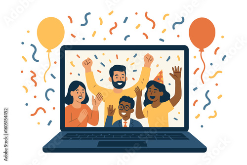 Vector cartoon flat illustration of diverse people dancing and chatting as they celebrate the holiday during a virtual New Year company party via video call