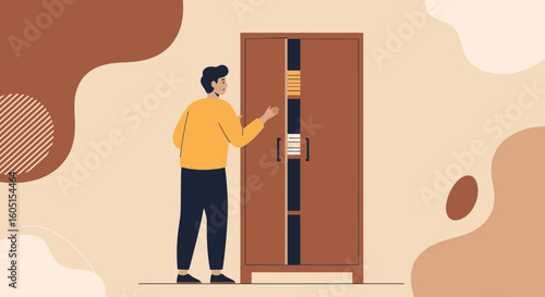 Man Organizing His Storage Space At Home With A Minimalist Style Background