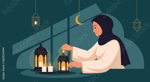 Muslim Woman Igniting Lanterns During Ramadan For Celebration And Reflection