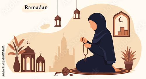 Muslim Woman Praying During Ramadan With Rosary Beads And Traditional Ornament