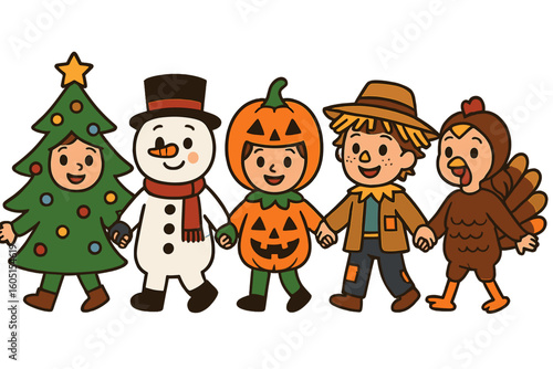 Scandinavian gnomes, one concealed within a Christmas tree and a snowman, joyfully celebrate Christmas with cute happy friends