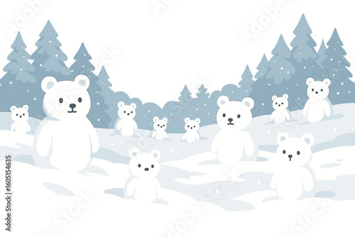 Vector illustration of a serene winter village at night with a starry blue sky, featuring a happy polar bear, to celebrate Christmas and the new year in a countryside winter wonderland setting