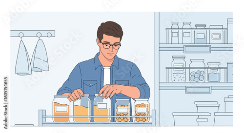 Man Organizing Reusable Glass Jars Filled With Various Foods In A Pantry