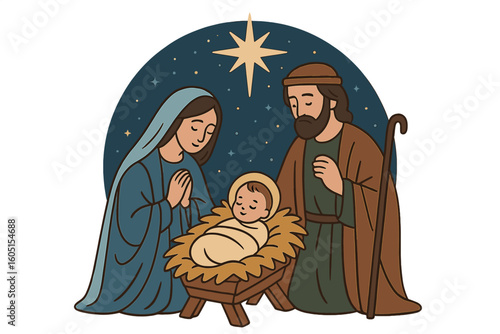 The Nativity scene depicting the birth of Christ with Mary, Joseph, baby Jesus, and starlight in a manger at night, presented in a flat character style vector illustration design