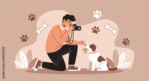 Man Photographer Takes a Picture of a Dog and Dog Paw and Dog Bone Cartoon