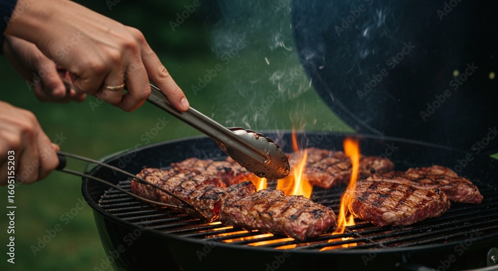 Fototapeta premium Steaks sizzle on the grill as someone uses tongs to maneuver the meat amidst flames and smoke.