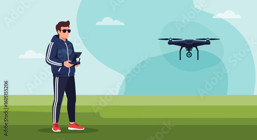 Man Piloting Drone In Open Field With Clear Sky And Light Clouds