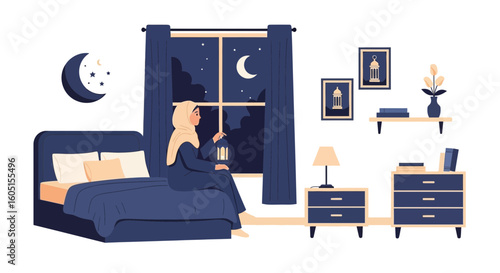 Muslim Woman Sitting On Bed Looking At Crescent Moon Through Window