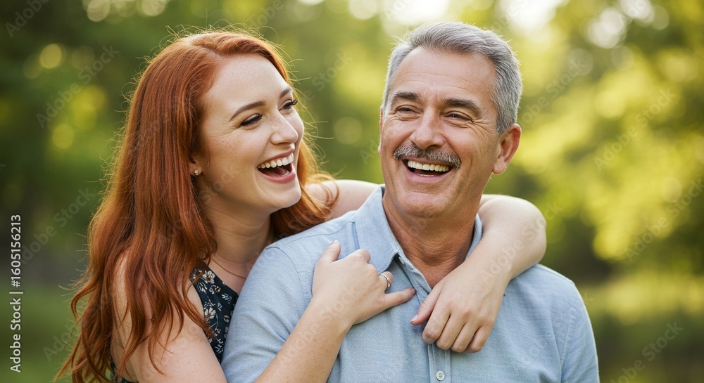 Fototapeta premium A smiling daughter embraces her laughing father in a sunny outdoor setting, celebrating family bonds.