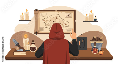 Mysterious Figure Planning Adventure With Old Map And Magical Items At The Table