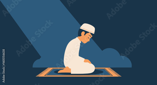 Man Praying Calmly On A Rug Under Spotlight During Ramadan Illustration