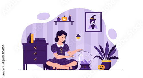 Mystical Seer Gazing Into Crystal Ball During Halloween Festive Celebration