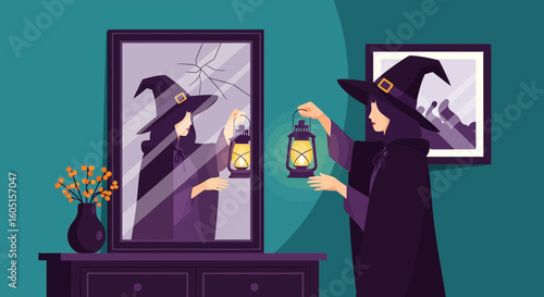 Mystical Witch Holding Lantern Before a Cracked Mirror on Halloween Night