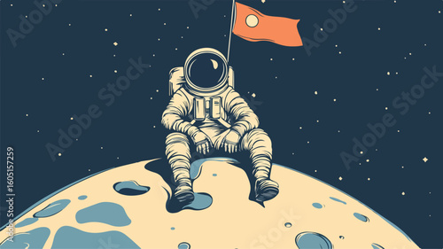 Astronaut Sitting on Moon with Flag - Space Exploration Concept