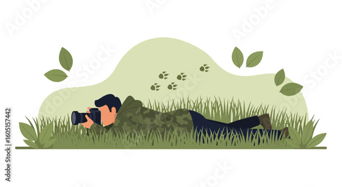 Nature Photographer Laying In Grass Capturing Wildlife Animal Track Images