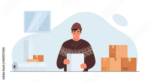Man Prepares Packages For Shipping And Checks The Delivery List
