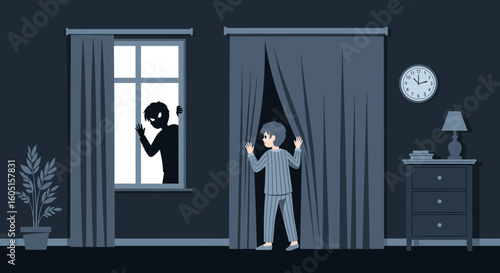 Nighttime Intruder In Bedroom Window Young Boy In Pajamas Discovering Threat