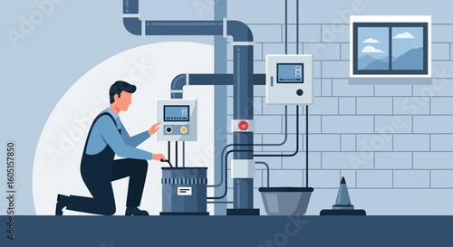 Plumber Repairs Water Equipment System in Basement with Pumping Device