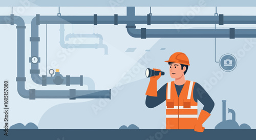 Plumber Worker Inspecting Pipes With Flashlight In A Facility Or Building