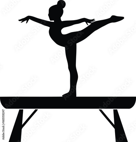 Silhouette of Graceful Female Gymnast Performing Balance Beam Routine Icon.