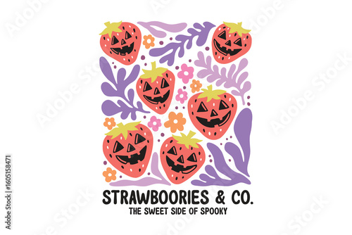 Strawboories & Co Cute Strawberry Pumpkins Boho Halloween SVG T Shirt Design