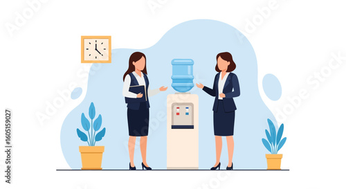 Office Gossip Two Coworkers Chatting Near A Water Dispenser In A Modern Office