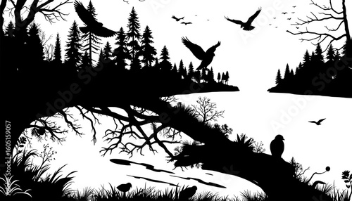 a monochrome landscape with soaring eagles, serene lake, and silhouetted trees