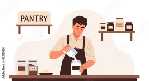 Man Preparing Ingredients in a Kitchen Pantry with Jars and Shelves