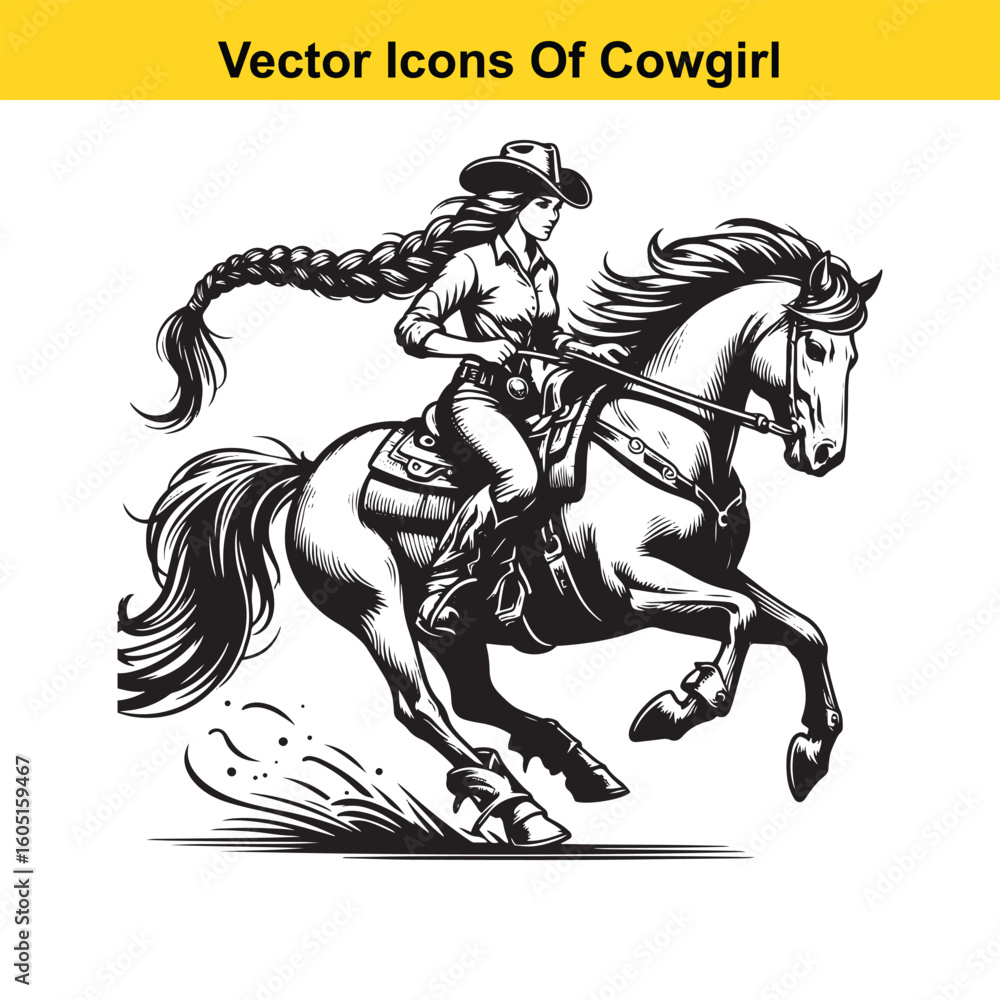 Fototapeta premium Cowgirl Riding Horse with Braid and Blowing Hat – Western Line Art Vector