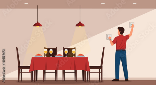 Prepared Dinner Setting Awaiting Guests As Man Adjusts Lighting Switches