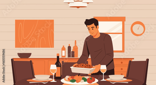 Man Preparing Thanksgiving Dinner With Festive Table In Dining Room