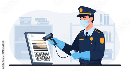 Officer Scanning Barcode with Precautions on Tablet for Verification Purposes