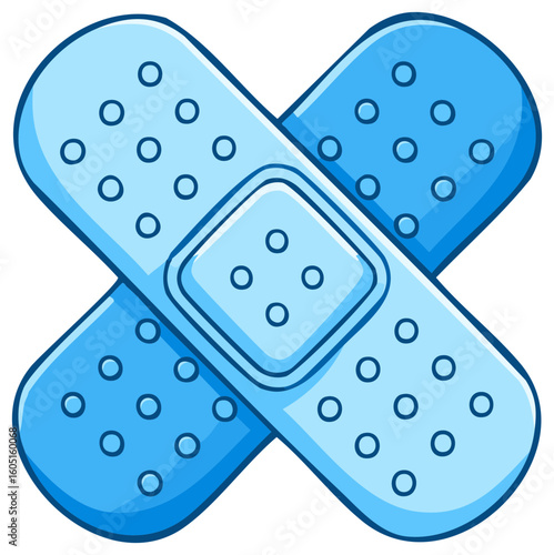 Two blue crossed band aids cartoon illustration representing healing and medical care