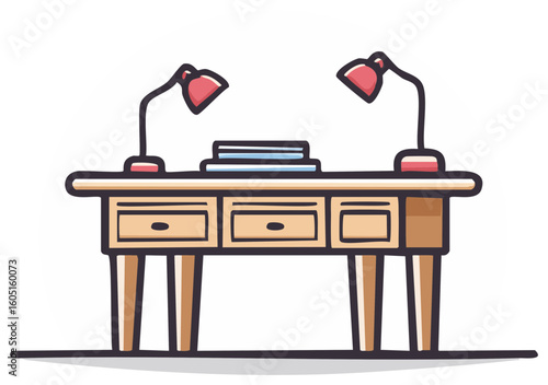 Wooden desk with two lamps and books vector illustration for a home office or study space