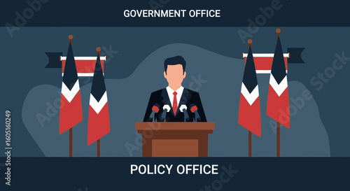 Official Government Briefing With National Flags At A Press Conference Backdrop