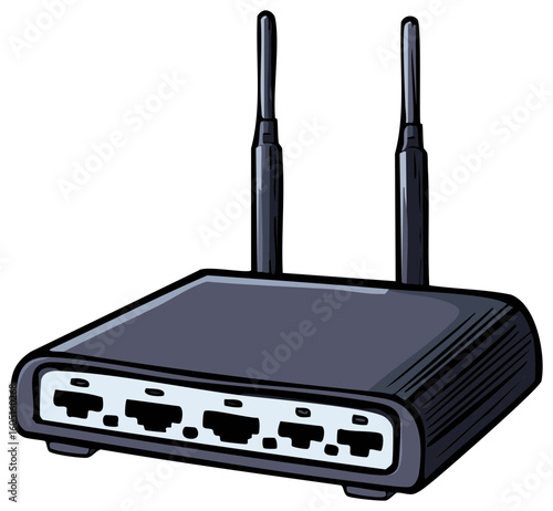 Digital network wifi router illustration with antennas and ports