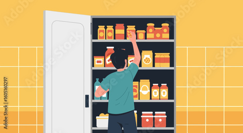 Man Reaching For Food in Full Pantry Or Cupboard Illustration