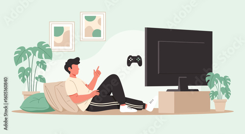 Man Relaxes At Home Watching Television Shows And Playing Console Games