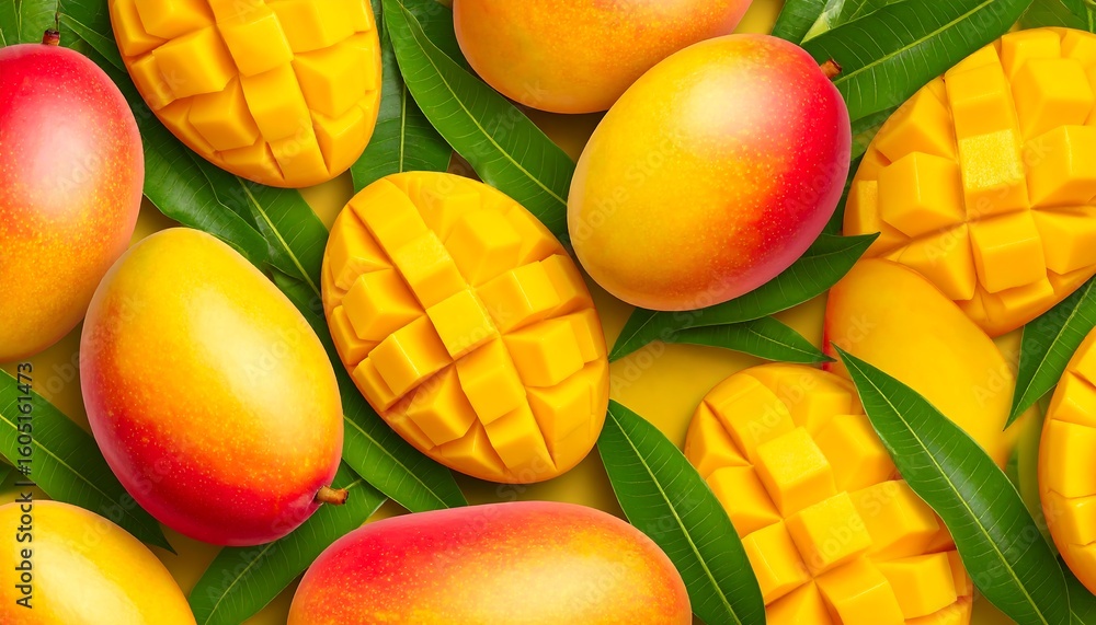 Fresh mango slices and leaves on yellow background Fresh mango slices and leaves on yellow background