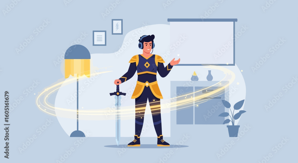 Obraz premium Online Streamer In Fantasy Costume Holding A Sword Broadcasting From Home