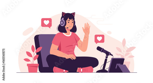 Online Streaming Girl Waving Hand With Microphone And Headphone On The Chair