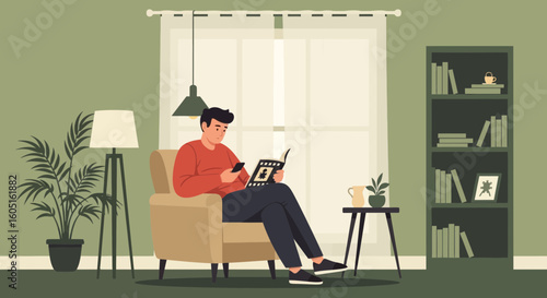 Man Relaxing Indoors At Home Reads A Book While Using His Mobile Phone