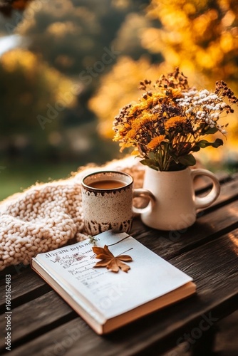 Cozy Autumn Morning With Coffee, Flowers, and a Journal on a Wooden Table Out...