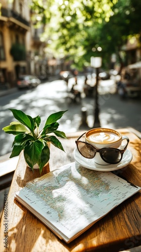 Relaxing at a Sunny Outdoor Cafe With Coffee, Sunglasses, and a Map on a Vibr...