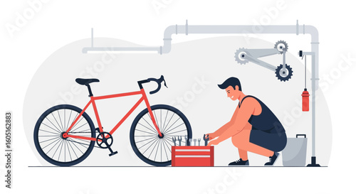 Man Repairing Bicycle at Home Garage Workshop Sport and Leisure Activity