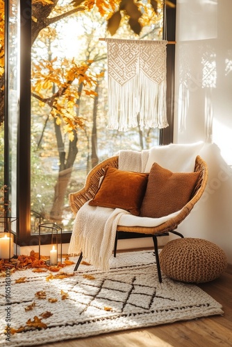 Cozy Indoor Reading Nook With Warm Lighting and Autumn Decor in a Relaxing At...