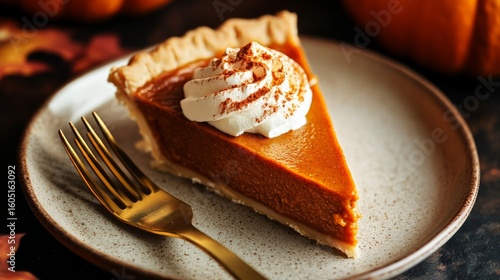 Delicious Pumpkin Pie Slice With Whipped Cream and Cinnamon on a Plate