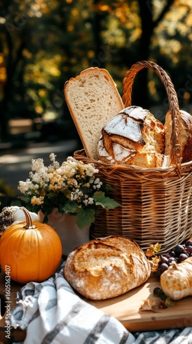 Freshly Baked Bread in a Rustic Basket Surrounded by Flowers in a Cozy Cafe.