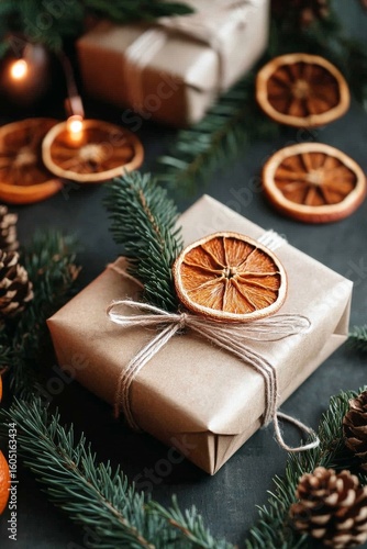 Creative Gift Wrapping With Dried Orange Slices and Pine on a Dark Background