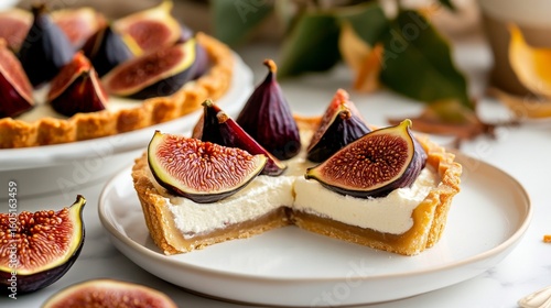 Fresh Fig Tart With Creamy Filling and Golden Crust on a Marble Countertop